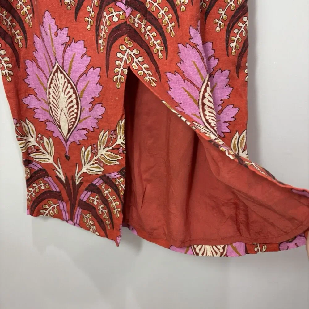 Sundance 100% Linen Pink Floral Midi Skirt P14 Pencil Paisley Lined Boho Beach